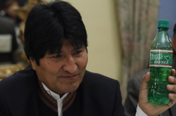 Bolivian President Evo Morales holds a bottle of "Coca Brynco", a new soft drink made from the coca leaf.